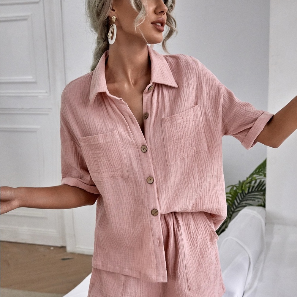 Pink Button-Up Shirt with matching shorts